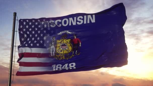 ウィスコンシン州と米国は旗竿に旗を掲げた。アメリカとウィスコンシン州風になびく混合旗 — ストック動画