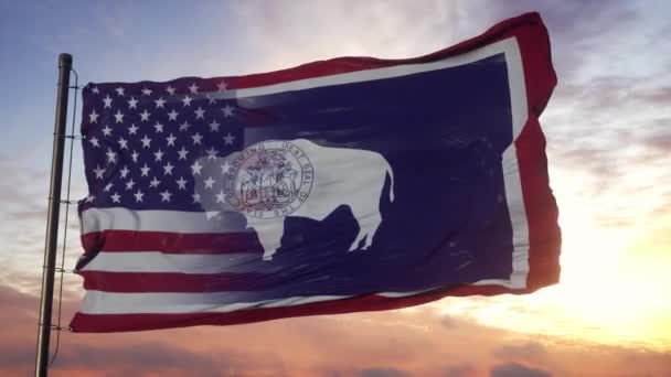 ワイオミングとアメリカは旗竿に旗を掲げた。アメリカとワイオミング州風になびく混合旗 — ストック動画