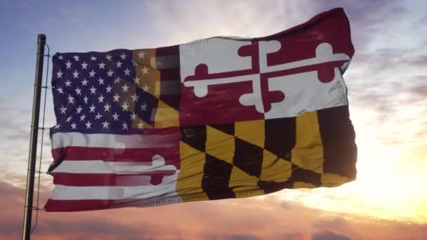 Maryland a vlajka USA na vlajkovém stožáru. USA a Maryland Smíšené vlajky vlnící se ve větru — Stock video