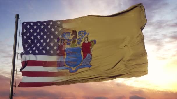 Bandera de Nueva Jersey y Estados Unidos en asta de bandera. Estados Unidos y Nueva Jersey Bandera Mixta ondeando en el viento — Vídeos de Stock