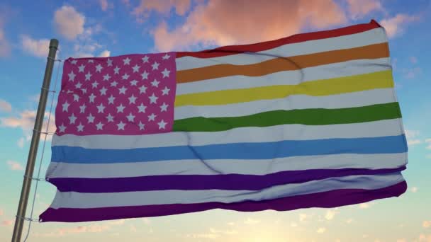 Amerika 'daki gey gururunun eşcinsel bayrağı. Birleşik Devletler Gökkuşağı Gay Amerika bayrağı rüzgarda dalgalanıyor — Stok video