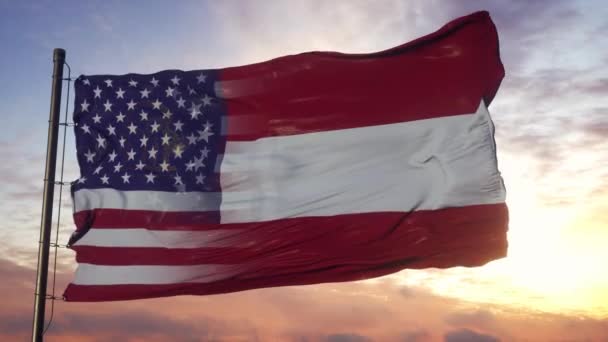 Bandera de Georgia y Estados Unidos en asta de bandera. Estados Unidos y Georgia Bandera Mixta ondeando en el viento — Vídeos de Stock