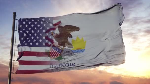 Bandera de Illinois y Estados Unidos en asta de bandera. Estados Unidos e Illinois Bandera mixta ondeando con viento — Vídeos de Stock