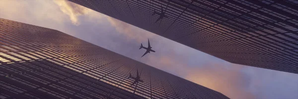 Letadlo létající nad moderními mrakodrapy proti krásným modrým mrakům, 3D vykreslování — Stock fotografie