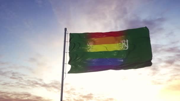 Sventolando bandiera nazionale dell'Arabia Saudita e sfondo bandiera arcobaleno LGBT — Video Stock