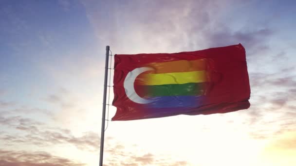 Lambaikan bendera nasional Turki dan latar belakang bendera pelangi LGBT — Stok Video