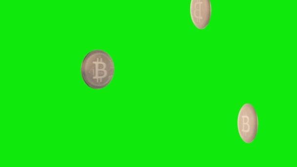 Lluvia Bitcoin. Bitcoins cayendo en una pantalla verde — Vídeos de Stock