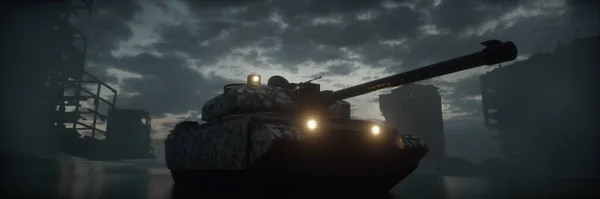 軍用シルエット戦争霧の空の背景に3つのタンク。戦車戦だ。戦争の概念。3Dイラスト — ストック写真