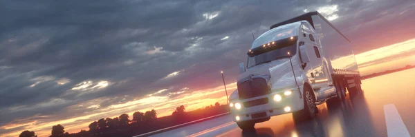Semi vrachtwagen in beweging. Vrachtwagen close-up op een snelweg. Vrachtwagenconcept. 3d illustratie — Stockfoto