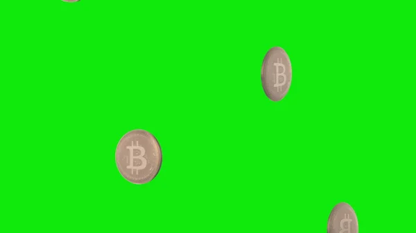 Chuva Bitcoin Bitcoins Caindo Uma Tela Verde Renderização — Fotografia de Stock