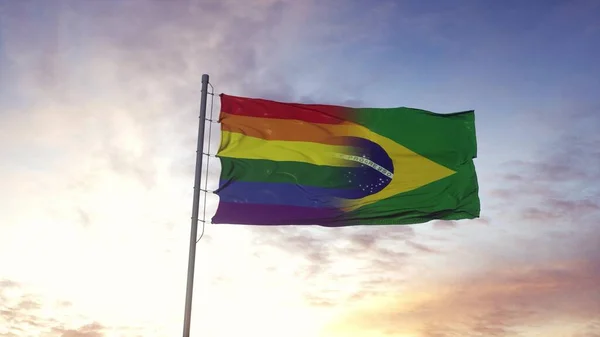 Mengibarkan Bendera Nasional Brasil Dan Latar Belakang Bendera Pelangi Lgbt — Stok Foto