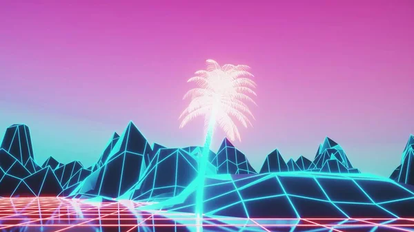 Retro Léta Styl Synthwave Východ Slunce Palmami Vykreslování — Stock fotografie