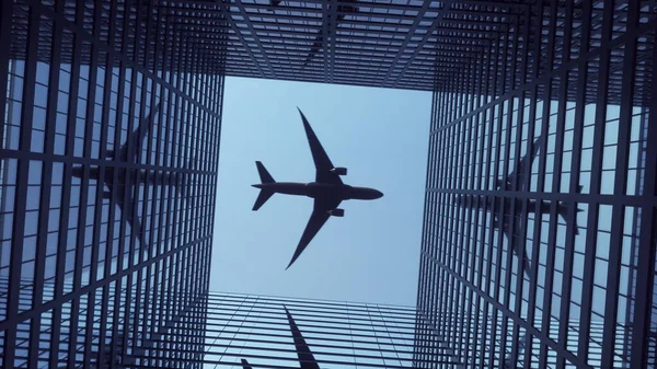 Letadlo Letící Nad Moderními Mrakodrapy Proti Krásné Modré Obloze Vykreslování — Stock fotografie