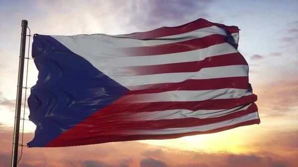 チェコ共和国とアメリカは旗竿に旗を掲げた アメリカとチェコ共和国風になびく旗 3Dレンダリング — ストック写真
