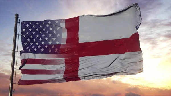 旗竿にイギリスとアメリカの国旗 アメリカとイギリス風になびく旗 3Dレンダリング — ストック写真