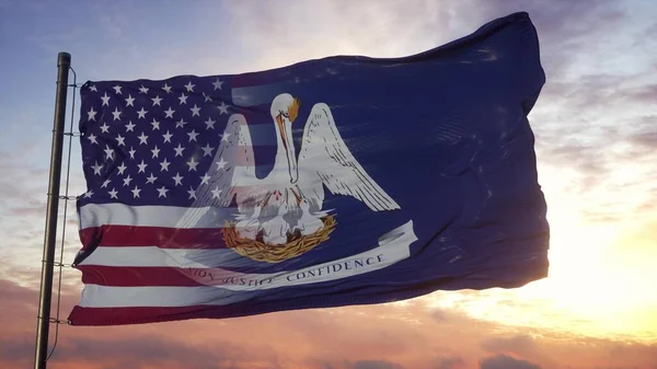 ルイジアナ州とアメリカは旗竿に旗を掲げた 米国とルイジアナ混合フラグ風に手を振っ 3Dレンダリング — ストック写真
