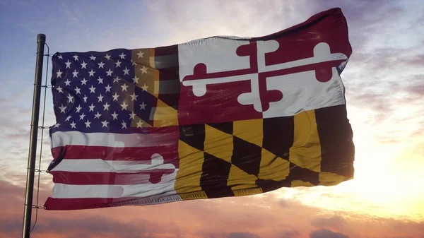 Меріленд Прапор Сша Флагштоку Сша Меріленд Змішаний Прапор Розмахують Вітром — стокове фото