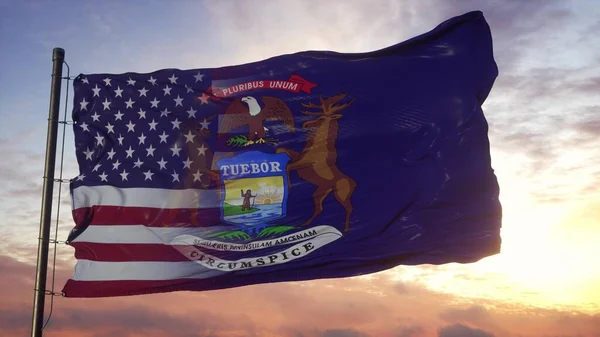 Michigan Abd Bayrağı Bayrak Direğinde Abd Michigan Karışık Bayrağı Rüzgarda — Stok fotoğraf