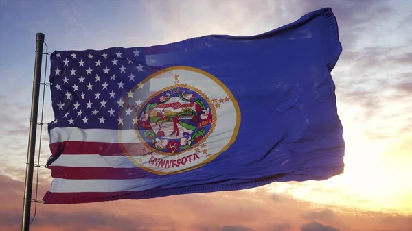 ミネソタ州と米国は旗竿に旗を掲げた 米国とミネソタ混合フラグ風に手を振っ 3Dレンダリング — ストック写真
