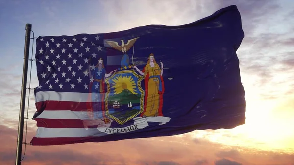 Flaga Nowego Jorku Usa Maszcie Flagowym Usa Nowy Jork Mieszane — Zdjęcie stockowe