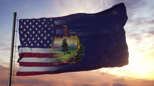 バーモント州とアメリカは旗竿に旗を掲げた 米国とバーモント混合フラグ風の中で手を振る 3Dレンダリング — ストック写真