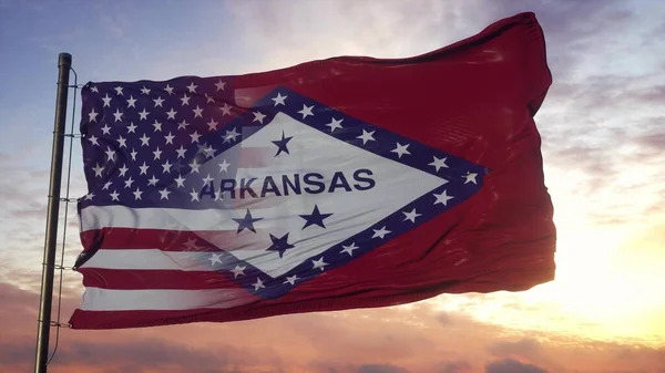 Arkansas and USA flag on flagpole. USA and Arkansas Mixed Flag waving in wind. 3d rendering.