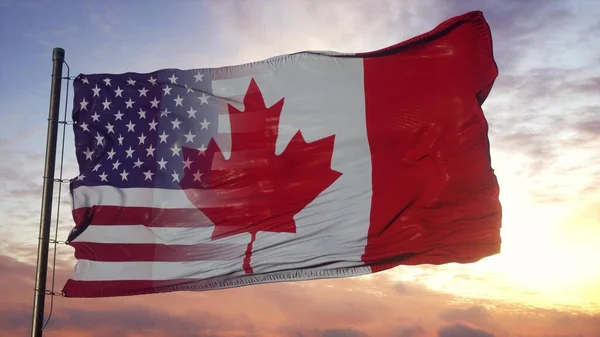 Canada and USA flag on flagpole. USA and Canada Mixed Flag waving in wind. 3d rendering.