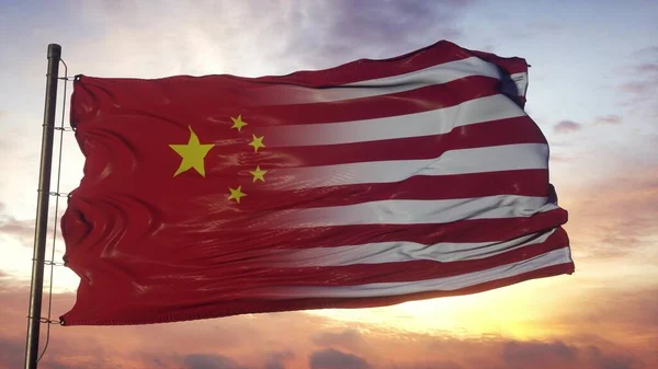 Флаг Китая Сша Флагштоке Флаг Сша Китая Машущий Ветром Рендеринг — стоковое фото