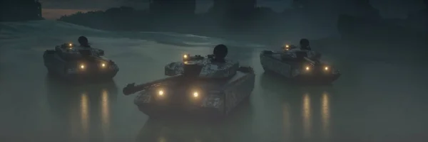 軍用シルエット戦争霧の空の背景に3つのタンク。戦争の概念。3Dレンダリング — ストック写真