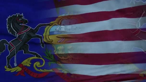 Estados Unidos y Pensilvania Bandera Mixta ondeando en el viento. Bandera de Pennsylvania y Estados Unidos en asta de bandera — Vídeos de Stock