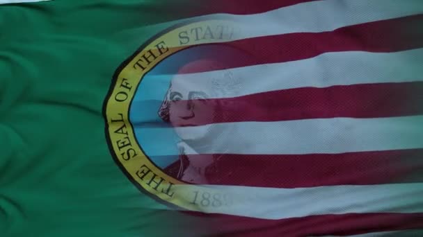 ΗΠΑ και Ουάσιγκτον Μικτή Σημαία κυματίζει στον άνεμο. Σημαία Ουάσιγκτον και ΗΠΑ σε κοντάρι σημαίας — Αρχείο Βίντεο
