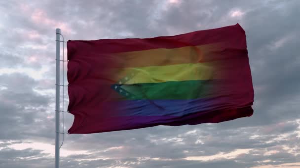 Κυματιστή σημαία της πολιτείας του Αρκάνσας και φόντο σημαίας ουράνιου τόξου ΛΟΑΤ — Αρχείο Βίντεο