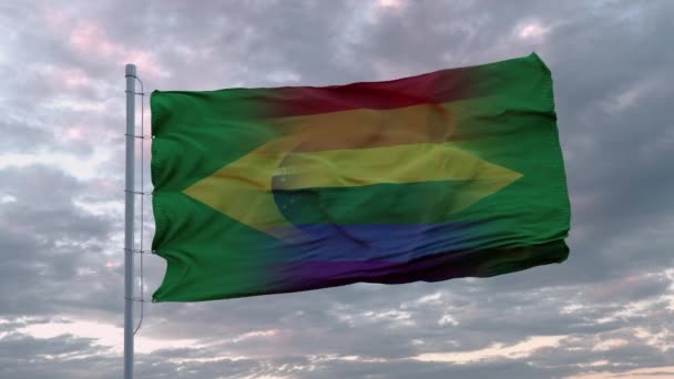 Ondeando la bandera del estado de Brasil y el fondo de la bandera arco iris LGBT — Vídeo de stock