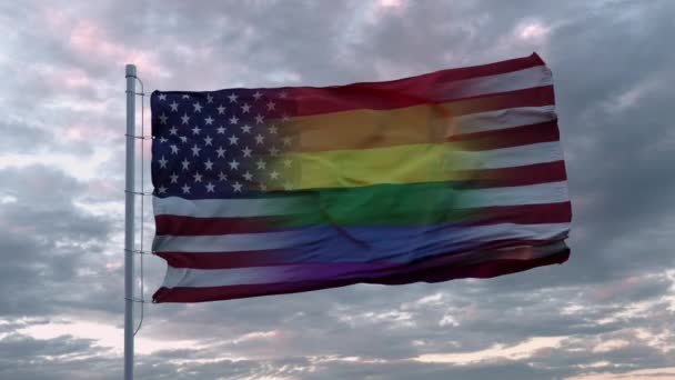 Waving zászló USA állam és LMBT szivárvány zászló háttér — Stock videók