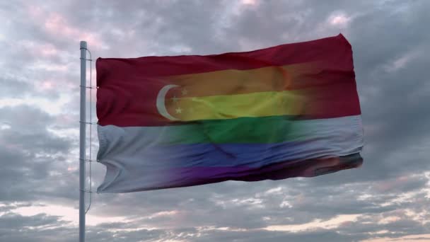 Singapur eyaleti ve LGBT gökkuşağı arkaplanının dalgalı bayrağı — Stok video