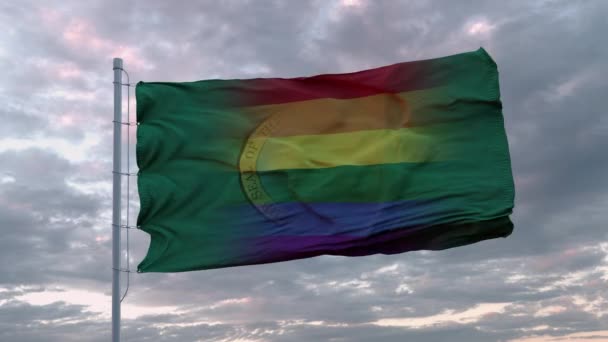Κυματιστή σημαία της πολιτείας της Ουάσιγκτον και φόντο LGBT σημαία ουράνιο τόξο — Αρχείο Βίντεο
