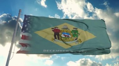 ABD ve Delaware bayrağı. ABD ve Delaware Karışık Bayrağı Rüzgarda Dalgalanıyor