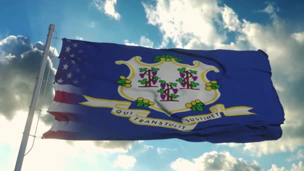 Σημαία των ΗΠΑ και του Κονέκτικατ. ΗΠΑ και Κονέκτικατ Μικτή σημαία κυματίζει στον άνεμο — Αρχείο Βίντεο