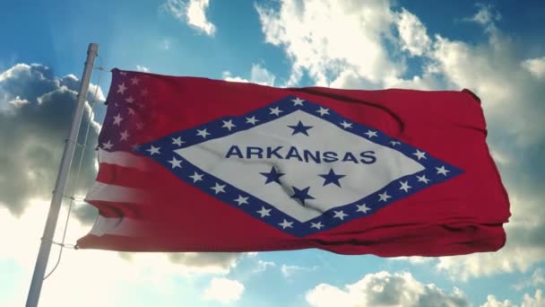 Bandera de Estados Unidos y Arkansas. Estados Unidos y Arkansas Bandera Mixta ondeando en el viento — Vídeo de stock