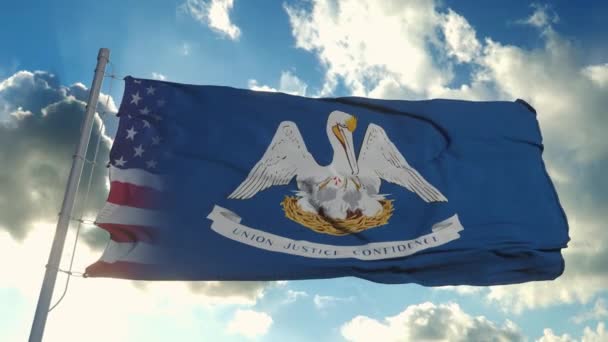 美国和路易斯安那州的国旗。美国和路易斯安那州的混合国旗在风中飘扬 — 图库视频影像