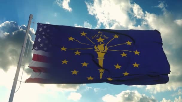 Bandera de Estados Unidos y estado de Indiana. Estados Unidos e Indiana Bandera Mixta ondeando con viento — Vídeo de stock