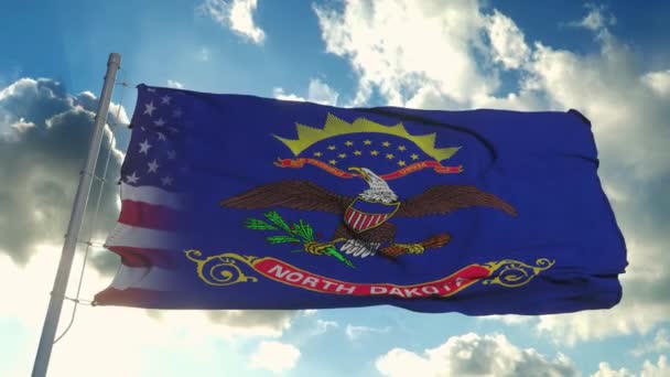 Flag of USA and North Dakota state. USA and North Dakota Mixed Flag waving in wind — Stock video