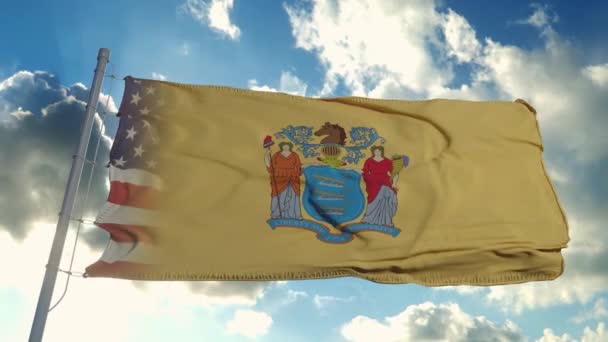 Flag of USA and New Jersey state. USA and New Jersey Mixed Flag waving in wind — Stock video
