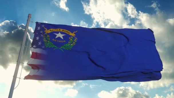 Bandera de Estados Unidos y estado de Nevada. Bandera mixta de Estados Unidos y Nevada ondeando con viento — Vídeos de Stock