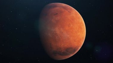 Mars gezegeni, yıldızların arka planında, açık uzayda dönüyor. Güzel galaksisi olan uzaydan Mars gezegeninin ön görüntüsü