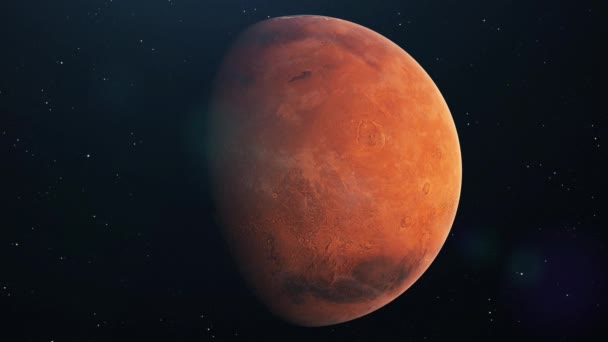 Марсіанська планета обертається у відкритому космосі на фоні зірок. Вид спереду планети Марс з космосу з красивою галактикою — стокове відео