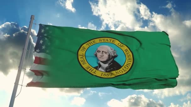 美国和华盛顿州的国旗。美国和华盛顿混合国旗在风中飘扬 — 图库视频影像