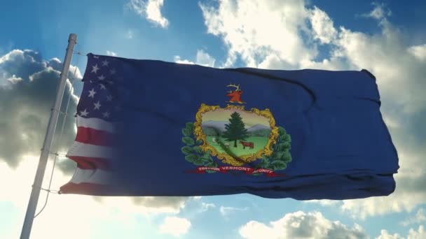 美国和佛蒙特州的国旗。美国和佛蒙特州的混合国旗在风中飘扬 — 图库视频影像