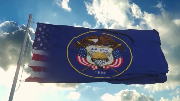 Σημαία ΗΠΑ και Γιούτα. ΗΠΑ και Γιούτα Μεικτή σημαία κυματίζει στον άνεμο — Αρχείο Βίντεο