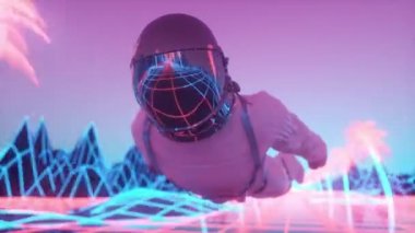 Astronot yanıp sönen neon ışıklarla çevrili. Müzik ve gece kulübü konsepti. Retro 80 'ler stili sentetik dalga arkaplanı